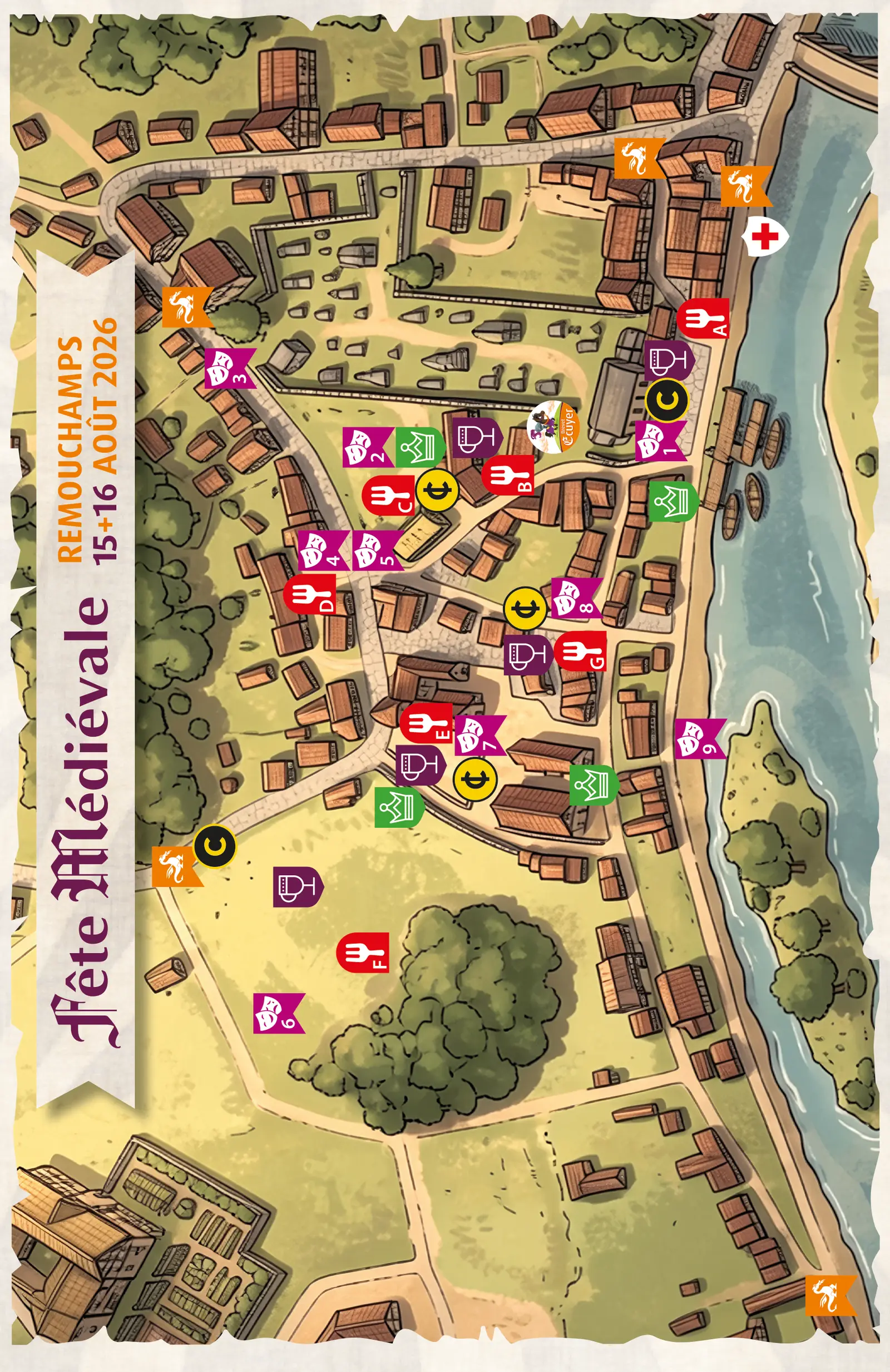 Plan illustré du village de Sougné-Remouchamps : scènes, bars, restauration, WC et postes de secours